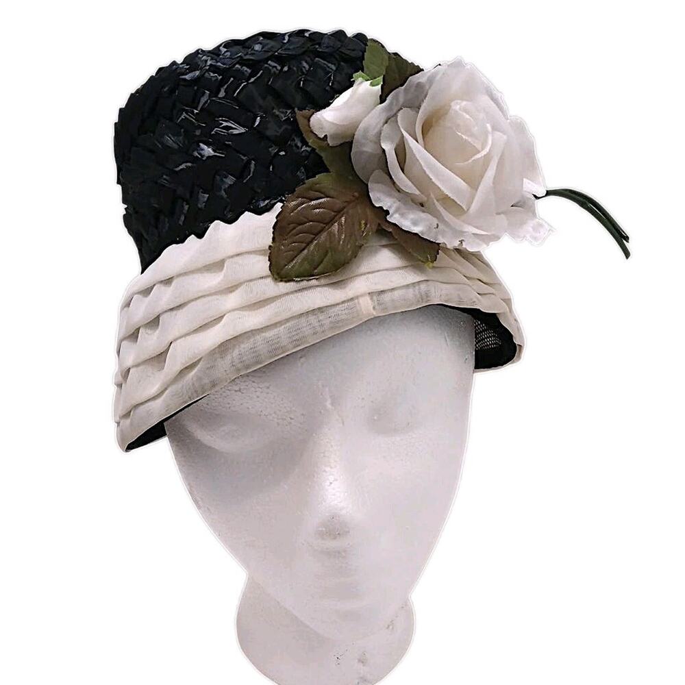 Vintage Cloche Hat Black White Roses Floral Fancy Party Elegant Costume Wedding